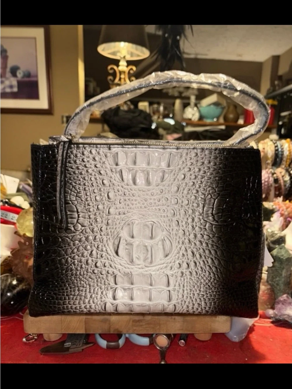 Black Croc-Embossed Women's Bag